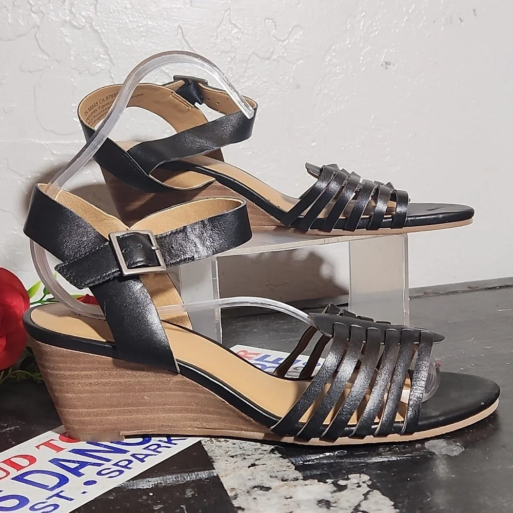 SUSINA Black Woven Strap Sandal Wedge 7M